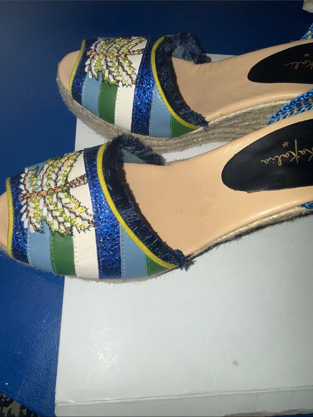 Meher Kakalia Wedge Sandals Espadrille Blue Green Embroidered Butterfly EU 39